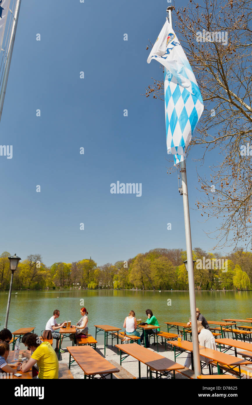Munich - Restaurant Seehaus beergarden with bavarian flag at the Kleinhesseloher See (Lake) in the English Garden Stock Photo
