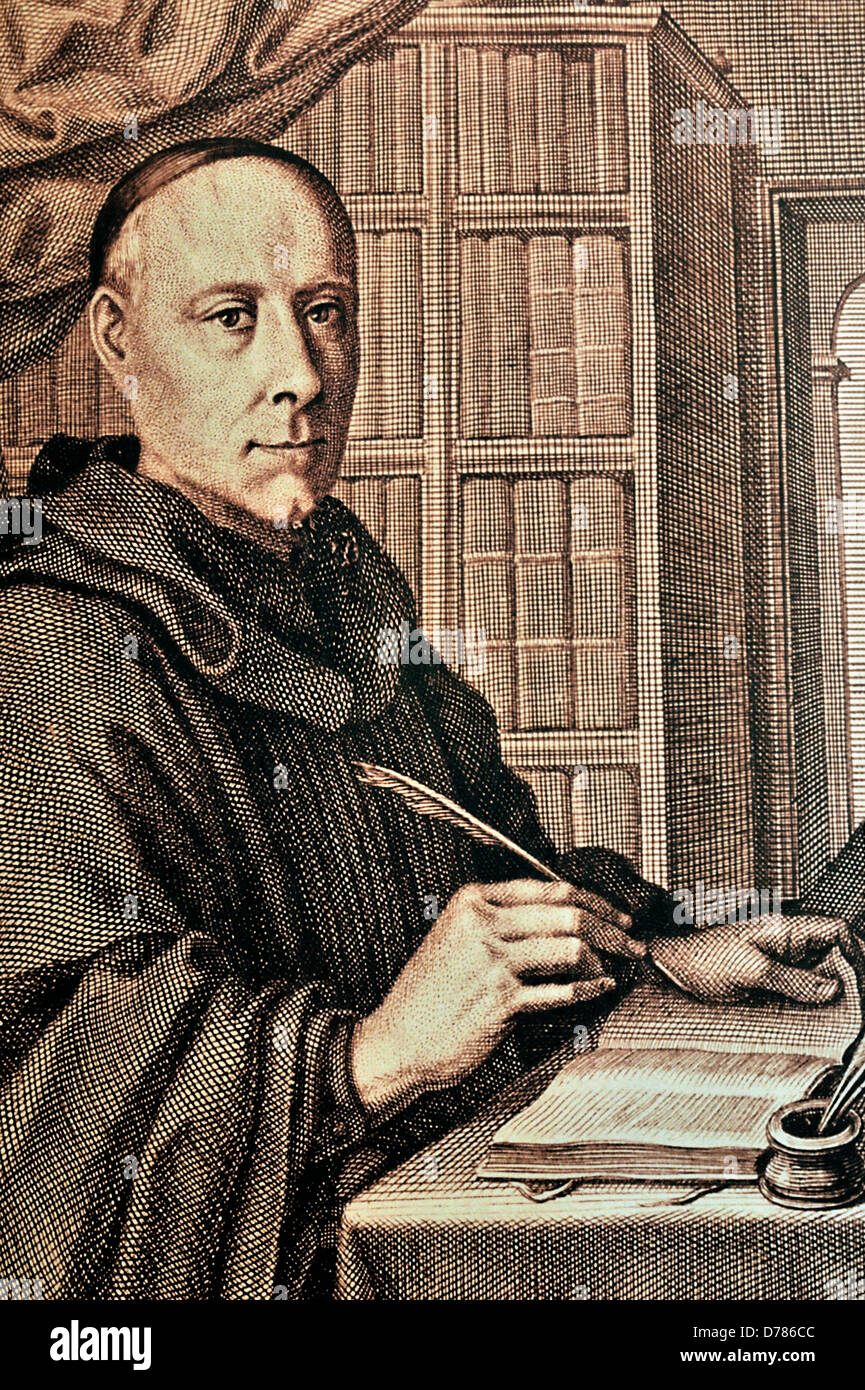 Spain, St. James Way: Monk portrait in the medieval pharmacy 'Botica' of Monastery San Julian in Samos Stock Photo