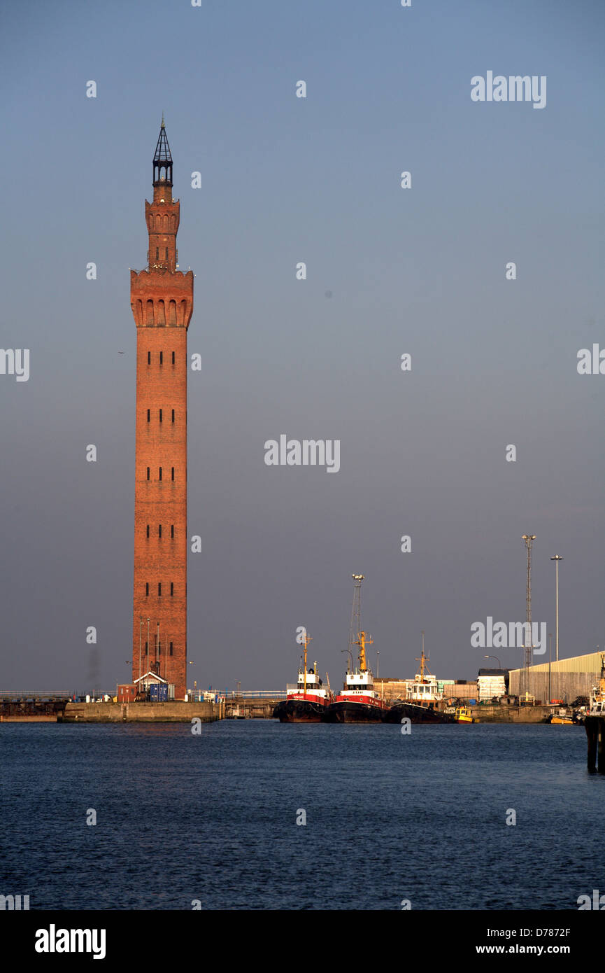 Grimsby Dock Tower is a hydraulic accumulator tower and a famous maritime landmark in Grimsby, North East Lincolnshire, England. Stock Photo