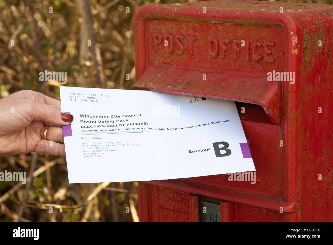 Postal vote envelope being posted in a Royal Mail collection box postal vote envelope posting red letter box letterbox mail mail Stock Photo