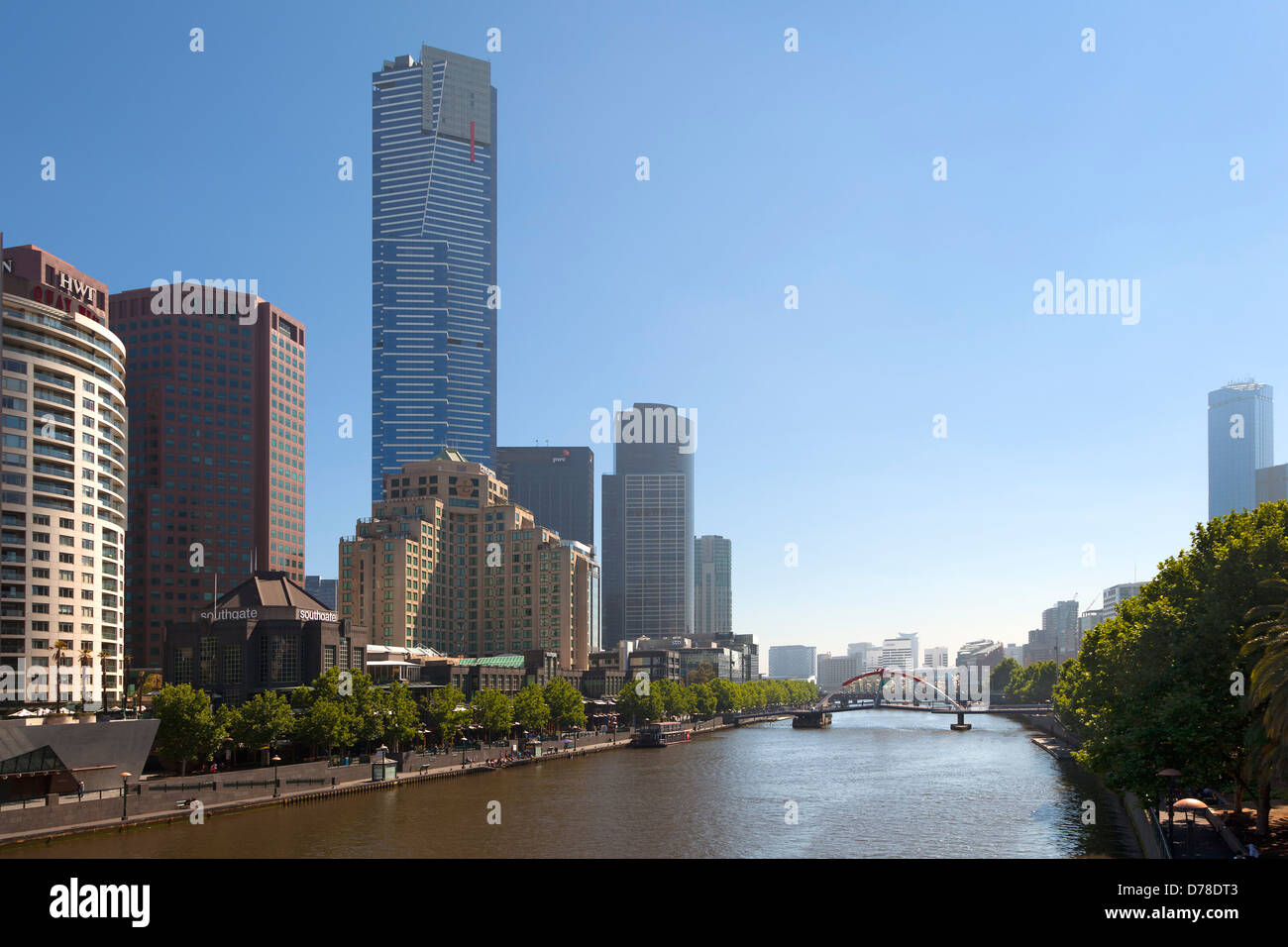 Southbank of the Yarra river and a view at the Eureka tower in Melbourne, Australia Stock Photo
