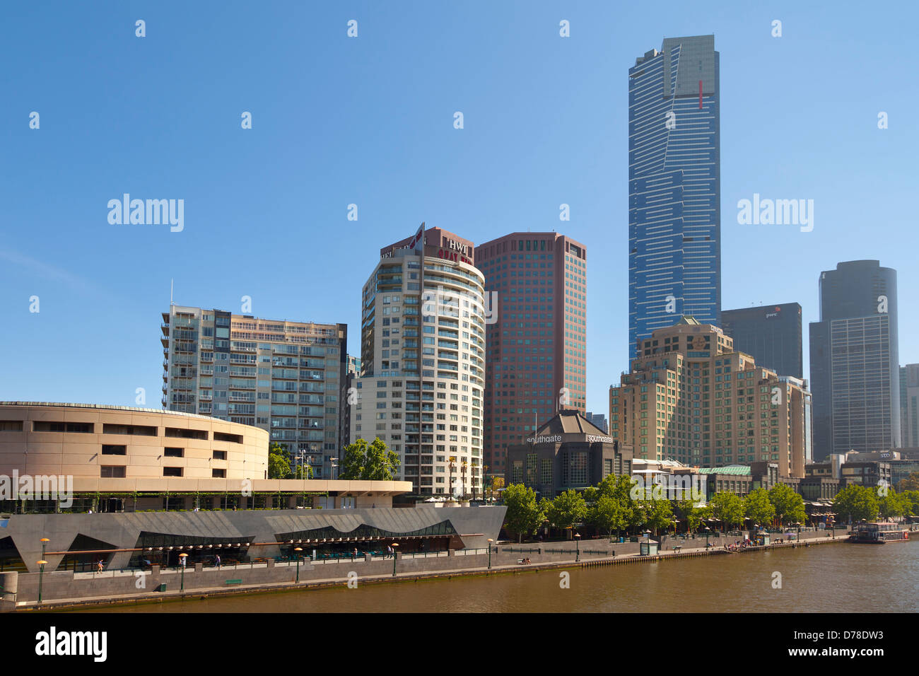 Southbank of the Yarra river and a view at the Eureka tower in Melbourne, Australia Stock Photo