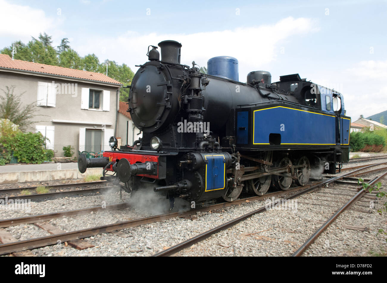 Henschel 040T 2524 steam locomotive approaching station at St Jean du Gard in the Gard (30) departement of France.