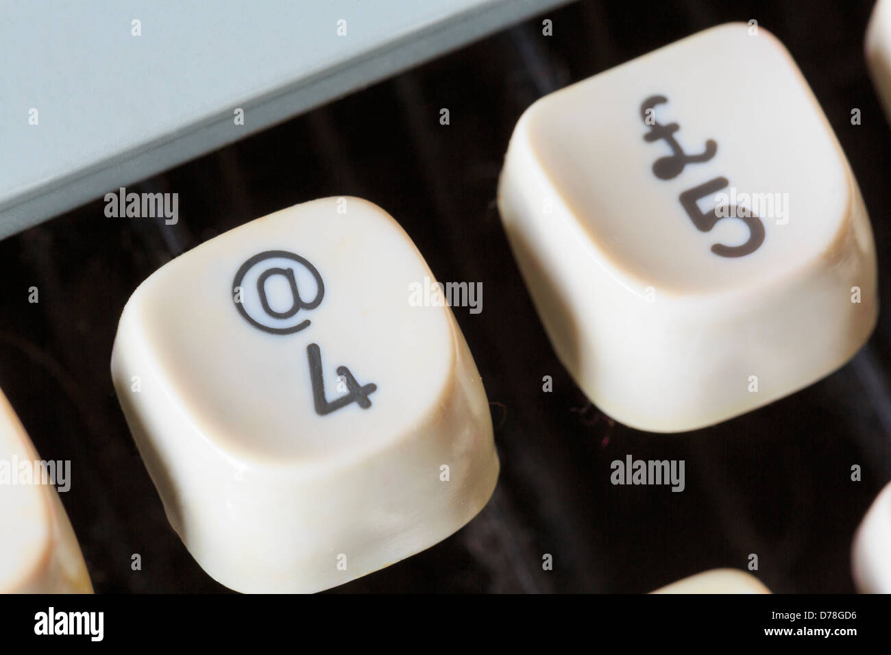 At @ symbol with 4 and £ pound symbol with 5 on typewriter keys. Blog concept Stock Photo