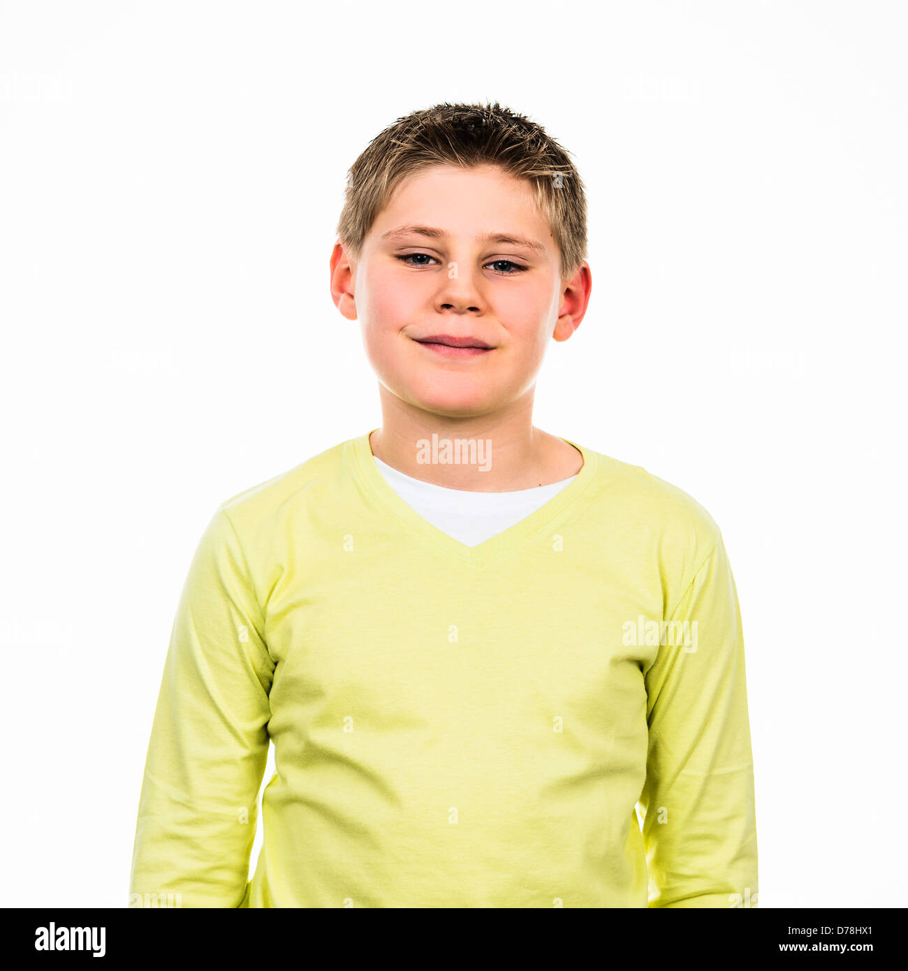 portrait of young boy with yello sweetshirt Stock Photo