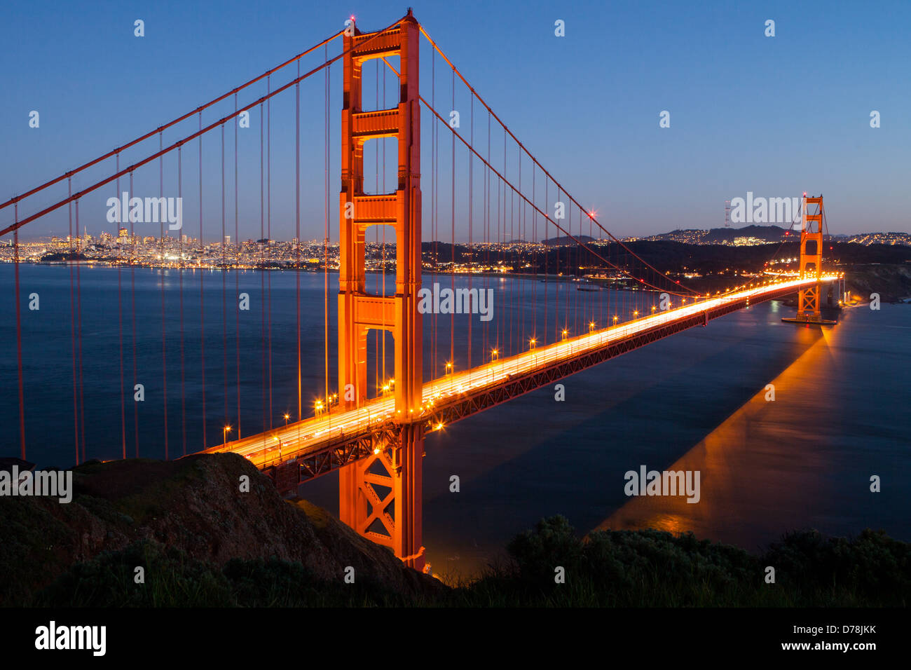 A view at duskof the Golden Gate Bridge towards downtown San Francisco. Stock Photo