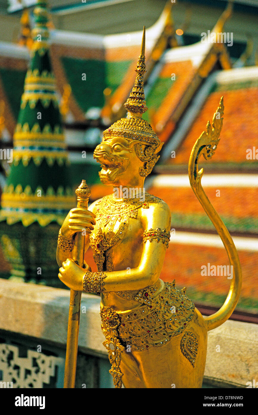 Royal Grand Palace Bangkok Thailand - A mythical creature is one of the beautiful gilded figures in the Wat Phra Kaeo, Stock Photo