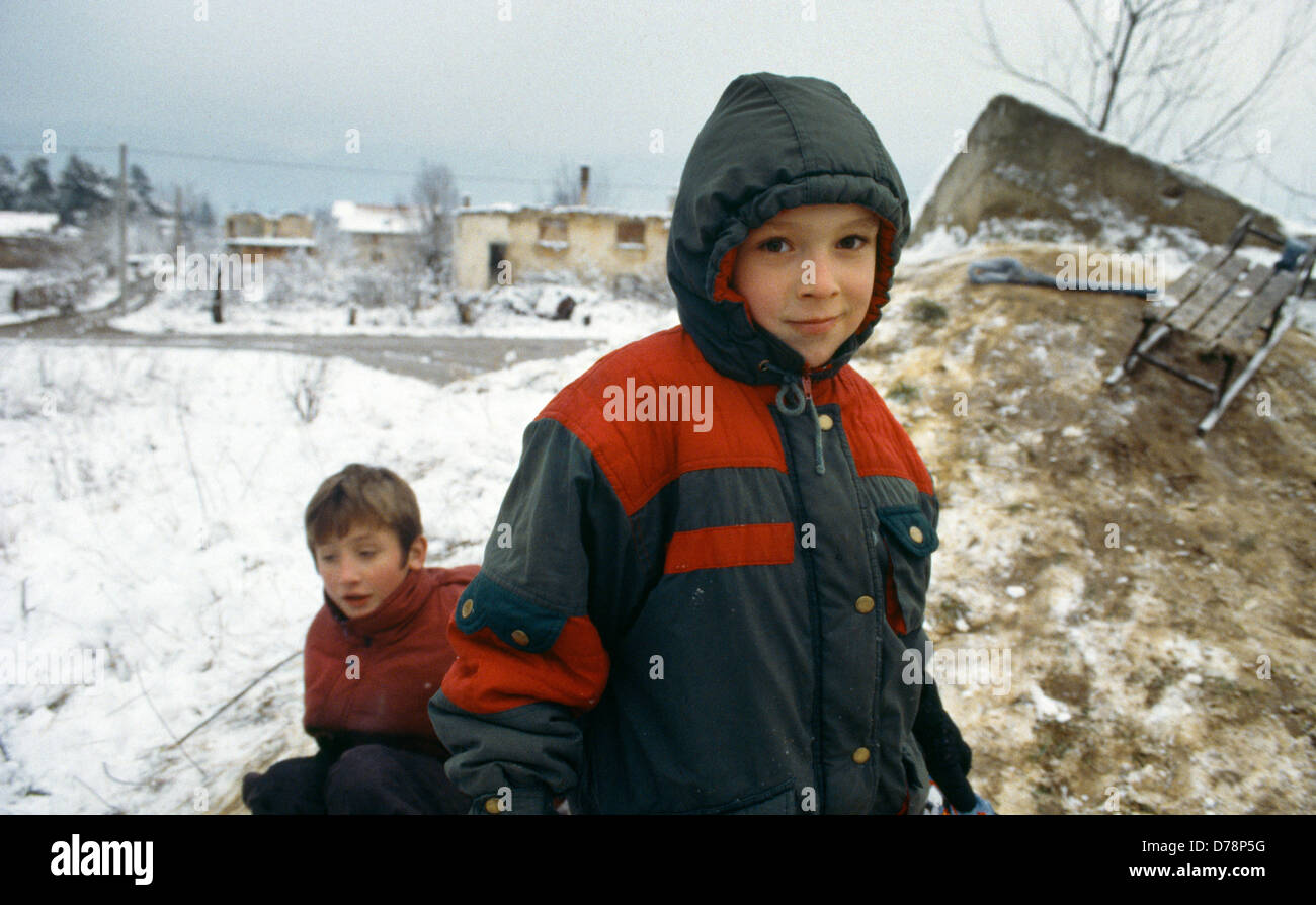Sarajevo Bosnia Bosnian Boys With Sledges In Snow Stock Photo