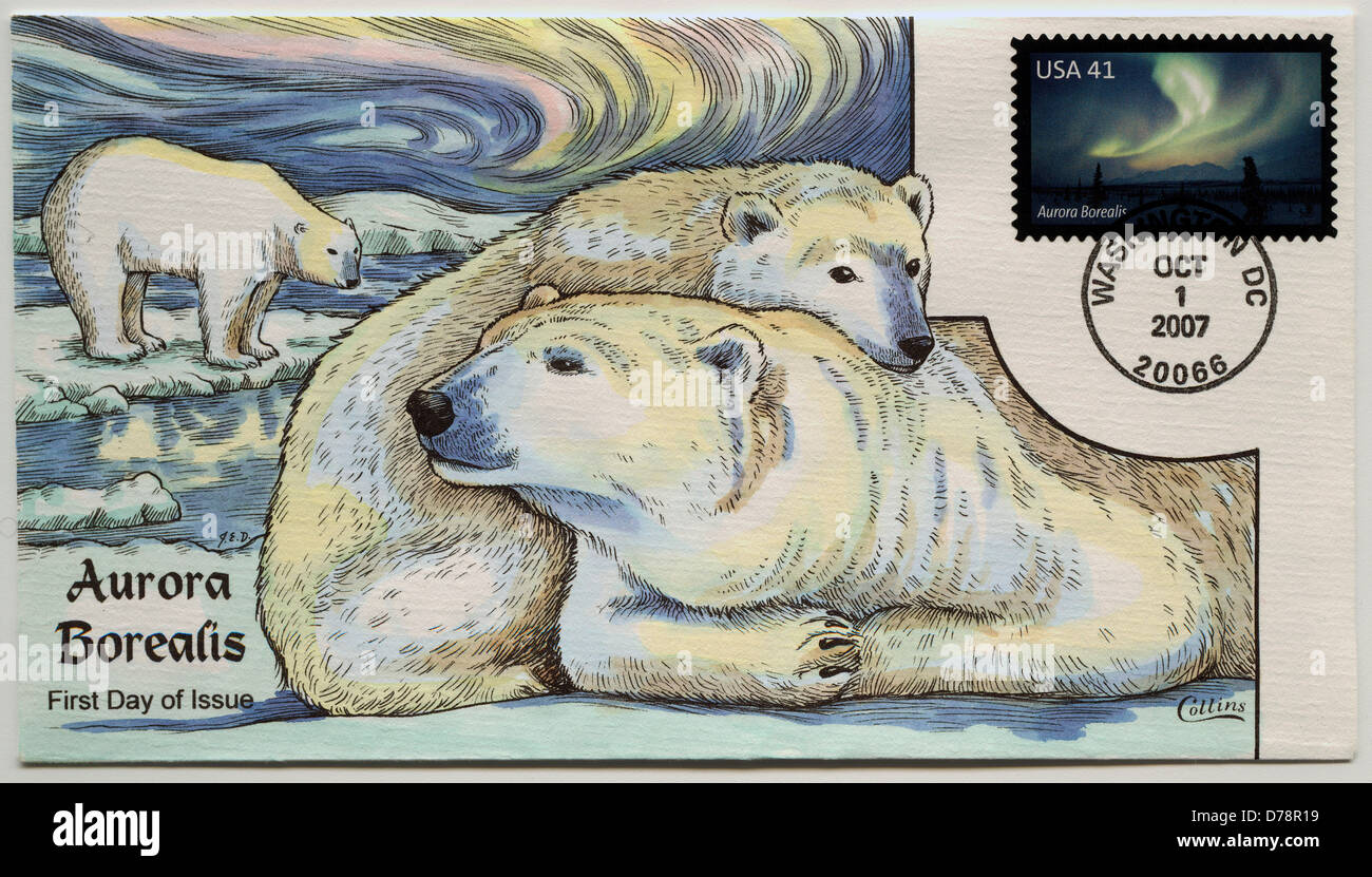 Hand-painted Collins First Day Cover United States First Class mail Polar Lights stamp Scott 4203 photograph by Fred Hirschmann. Stock Photo