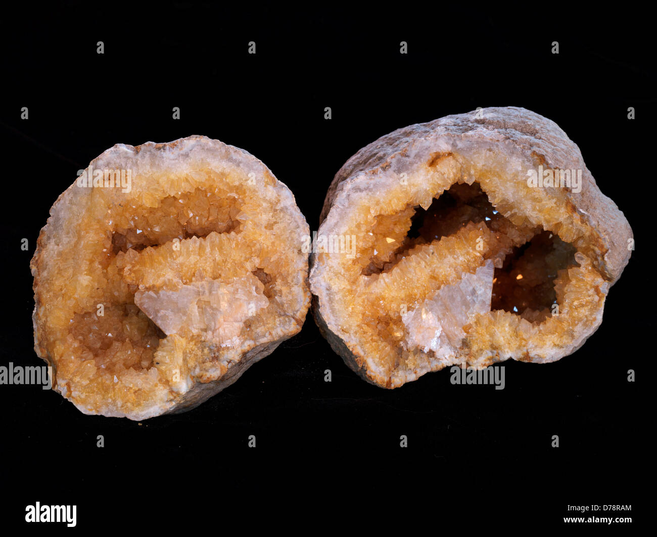 Iridescent brown Calcite Keokuk Geode secondary growth pink scalenohedral Calcite crystals Iowa. Stock Photo