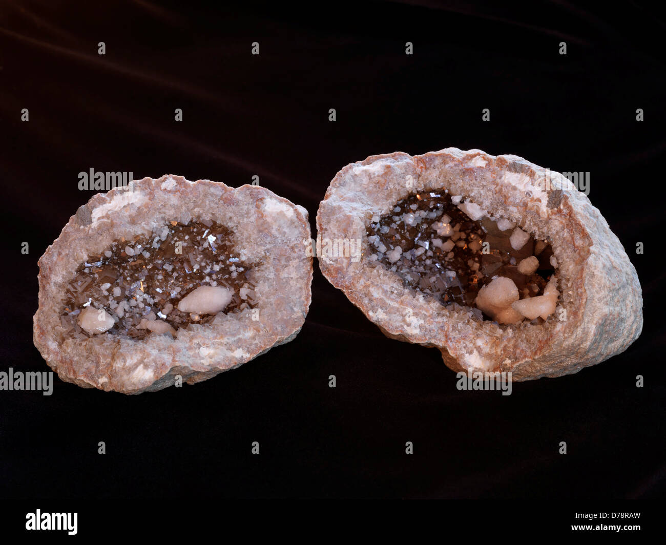 Iridescent brown Calcite Keokuk Geode secondary growth pink scalenohedral Calcite crystals Iowa. Stock Photo
