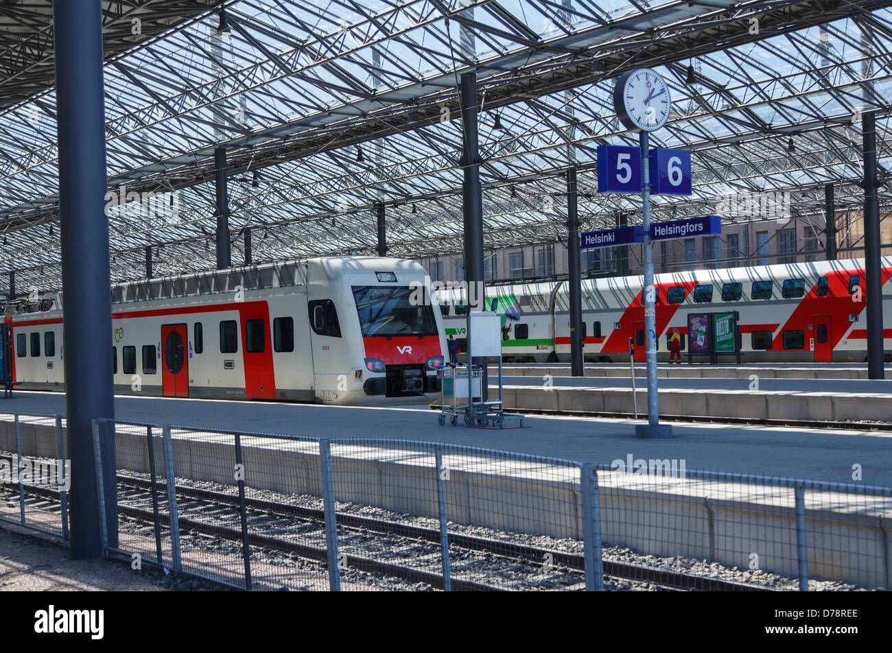 Long distance trains at the Central Railway Station of Helsinki. Stock Photo