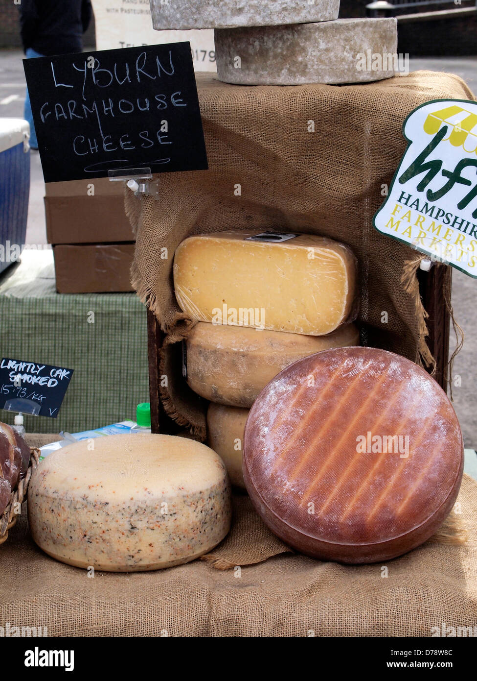 Lyburn farmhouse cheese for sale at Winchester Farmer's Market, Hampshire, England Stock Photo