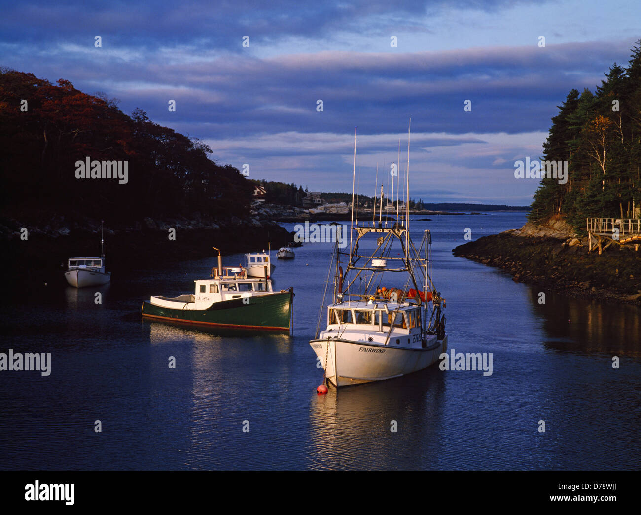 Fishing boats anchored at New Harbor Pemaquid area Maine. Stock Photo