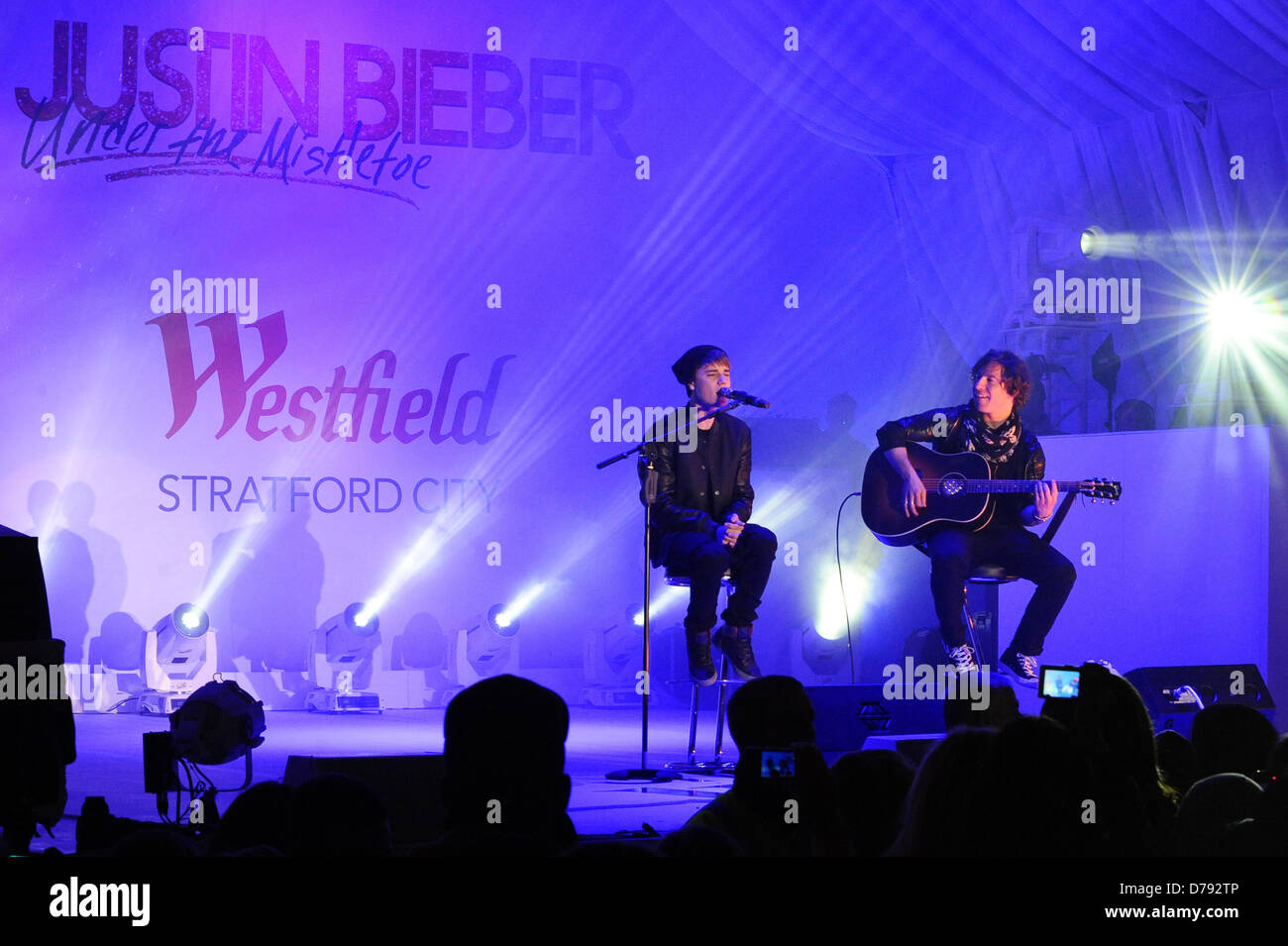 Justin Bieber performs as he switches the Christmas lights on at the