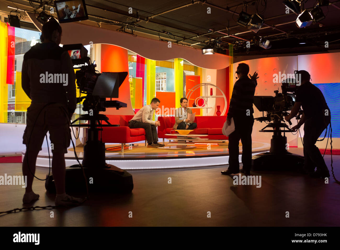 Live broadcast of a welsh language programme , Tinopolis, Television studios, Llanelli, Wales, UK Stock Photo