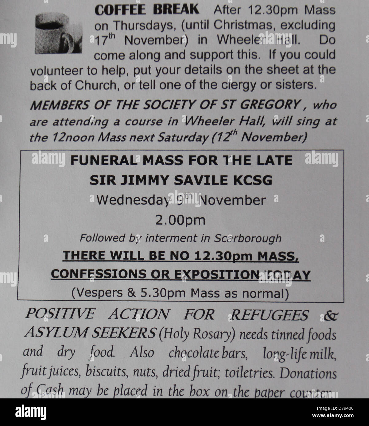 Notice relating to the funeral of Sir Jimmy Savile Leeds, England 07.
