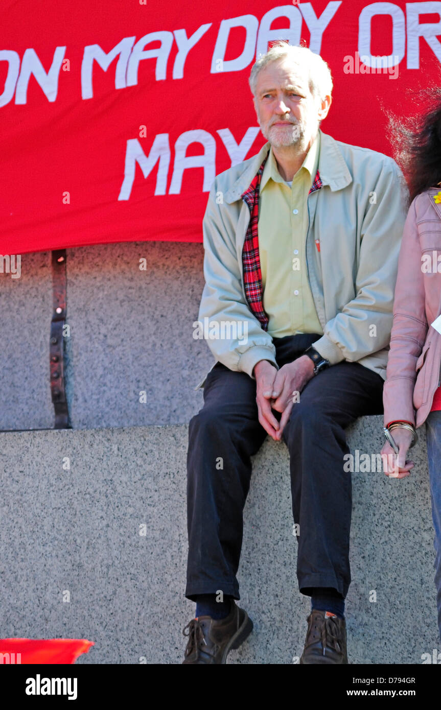 London, UK. 1st May 2013. May Day Demonstration. Trafalgar Square. Jeremy Corbyn, MP for Islington North Stock Photo