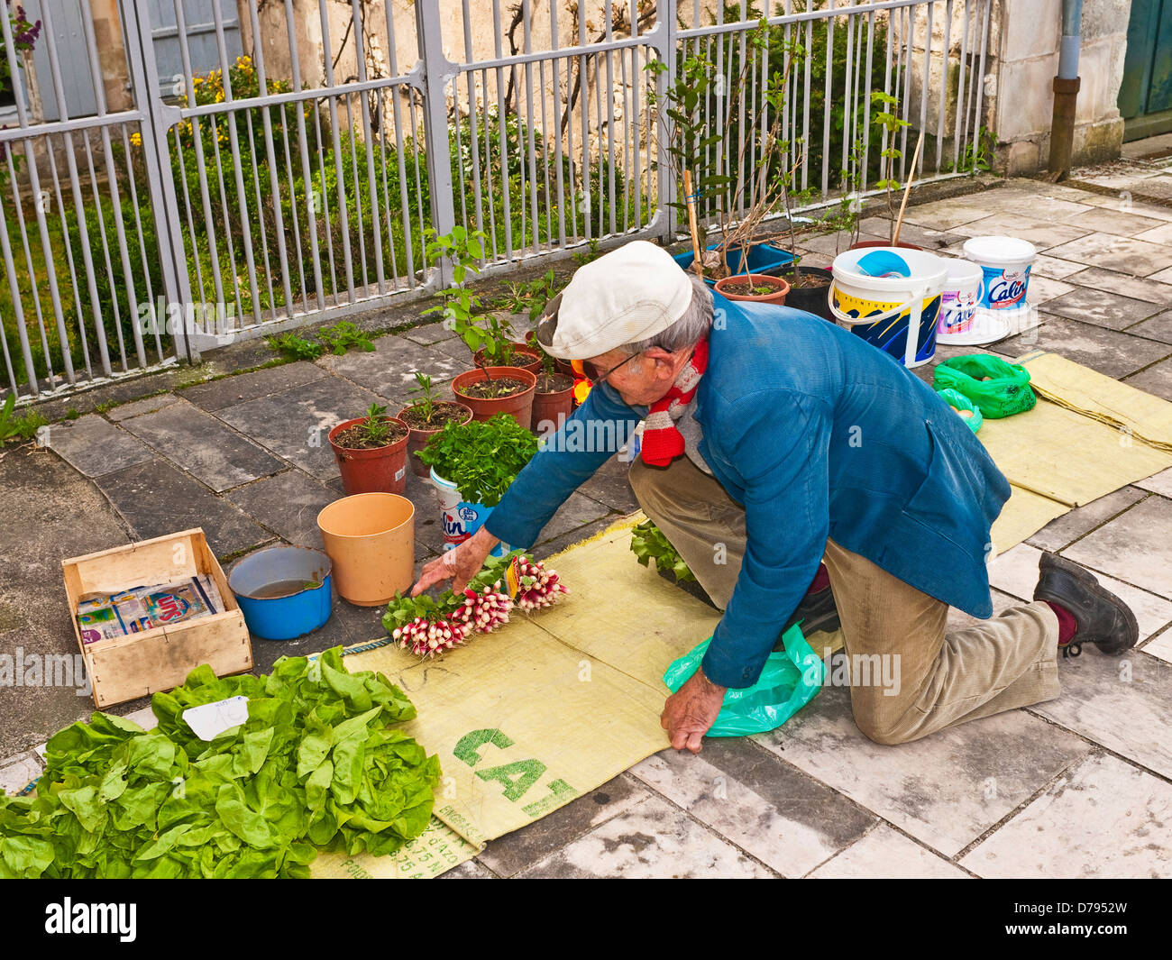 French man selling fruit and vegetables on pavement - France. Stock Photo