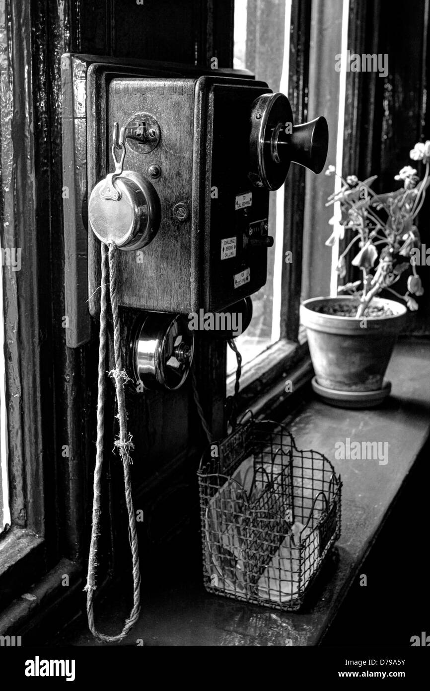 Old black and white railway signal box phone Stock Photo