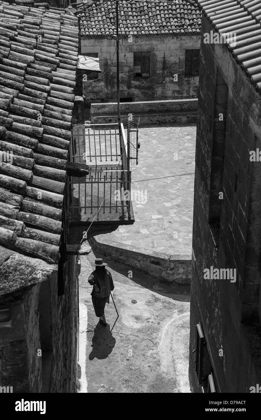 Looking down into a lane in the Village of Proastio in the Outer Mani, Peloponnese, Greece. Stock Photo