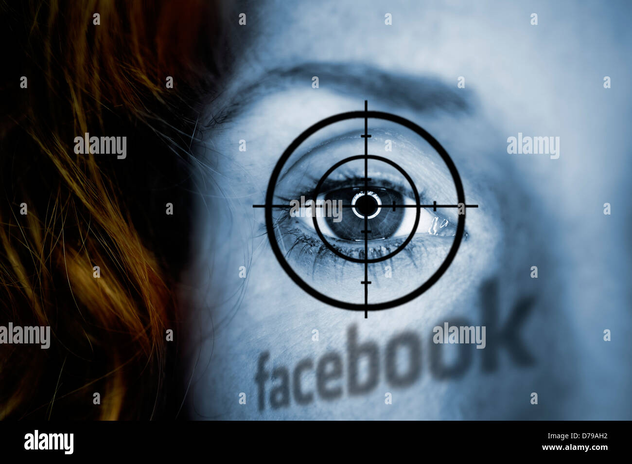 Women's eye with crosshair and Facebook stroke, data protection with Facebook , Frauenauge mit Fadenkreuz und Facebook-Schriftzu Stock Photo