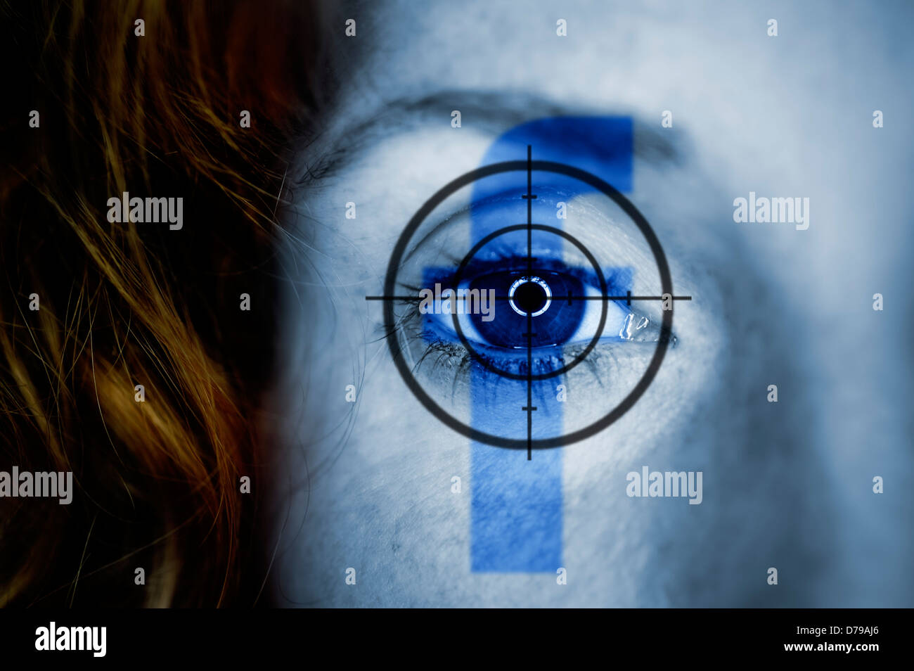 Women's eye with crosshair and Facebook logo, data protection with Facebook , Frauenauge mit Fadenkreuz und Facebook-Logo, Daten Stock Photo