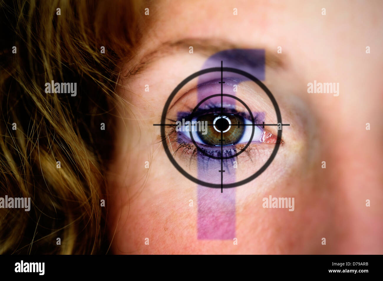 Women's eye with crosshair and Facebook logo, data protection with Facebook , Frauenauge mit Fadenkreuz und Facebook-Logo, Daten Stock Photo