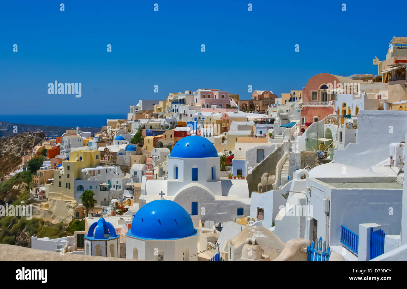 Beautiful panoramic view on Oia at island of Santorini, Greece Stock Photo