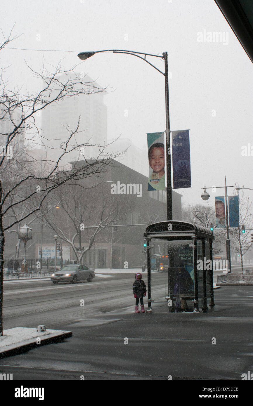 Looking towards Lake Michigan from East Chicago Avenue Chicago Illinois during a snowstorm in December. Stock Photo