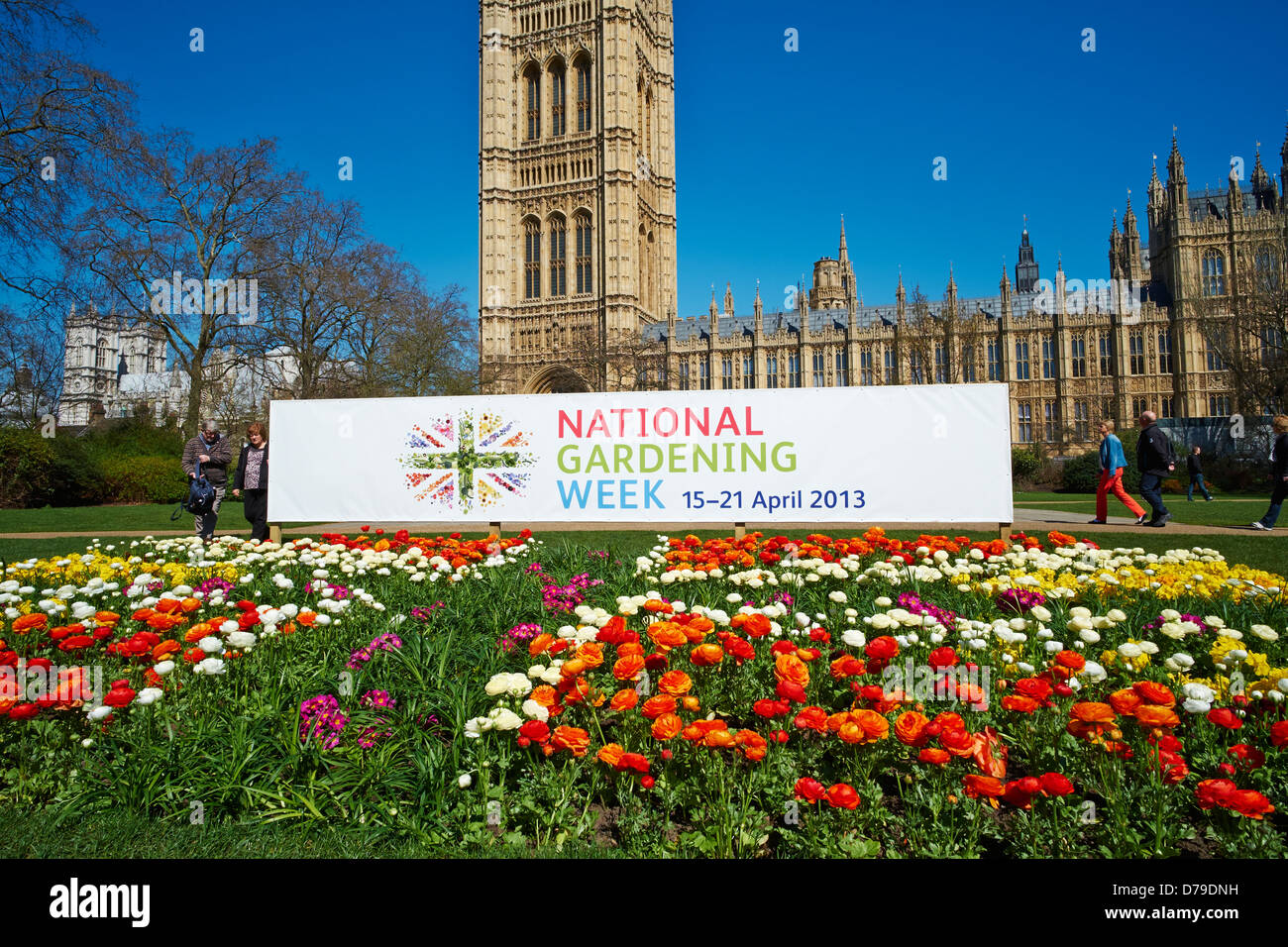 National Gardening Week banner in Victoria Tower Gardens outside the Houses of Parliament Westminster London UK Stock Photo
