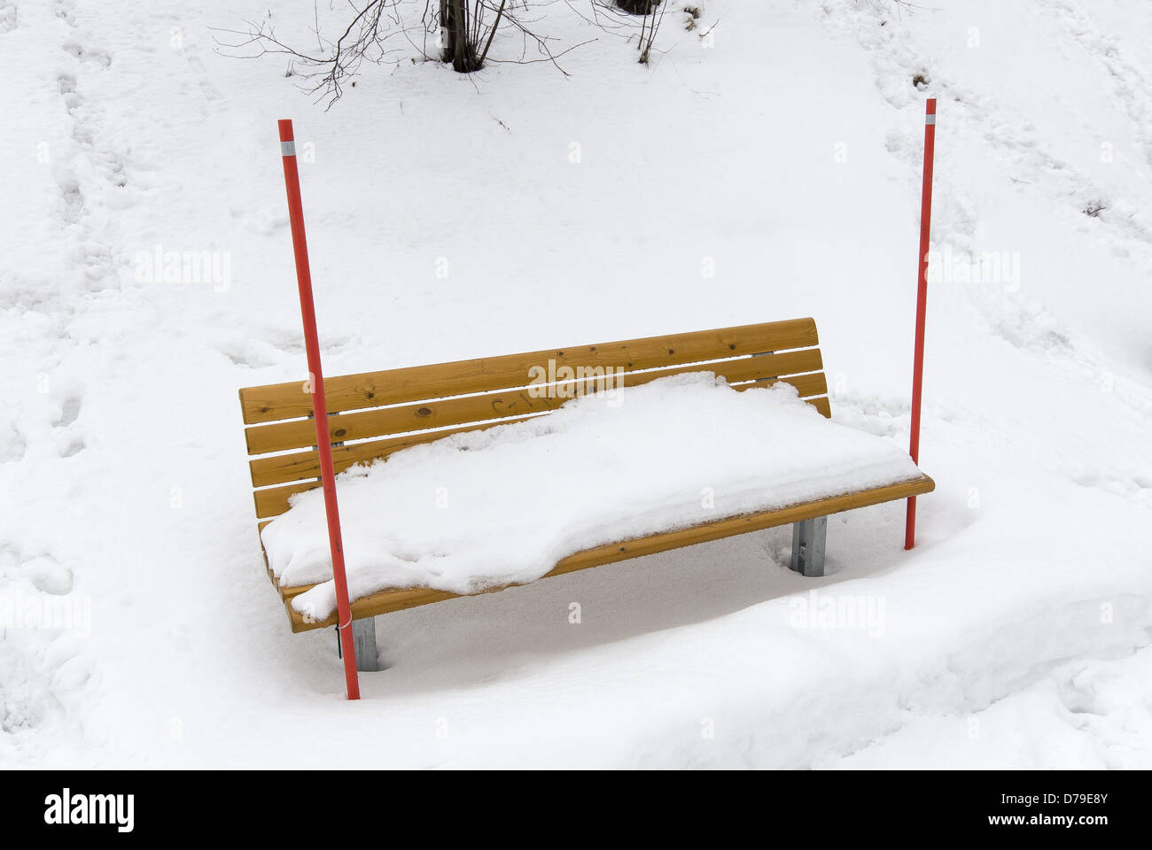 Snow Depth Measures Next To Park Bench In Helsinki Finland Stock