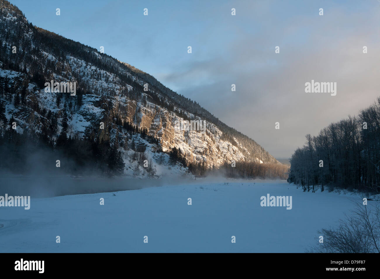 Clouds of steam rise from the Flathead River in subzero weather, west