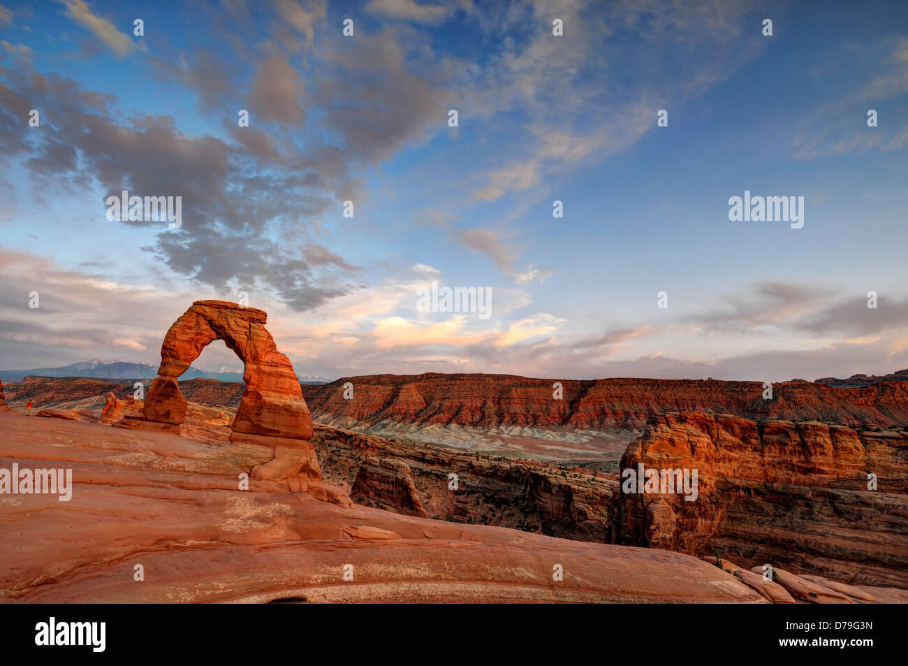 Delicate Arch at sunset Arches National Park Utah red sandstone rock formation glow glowing Stock Photo