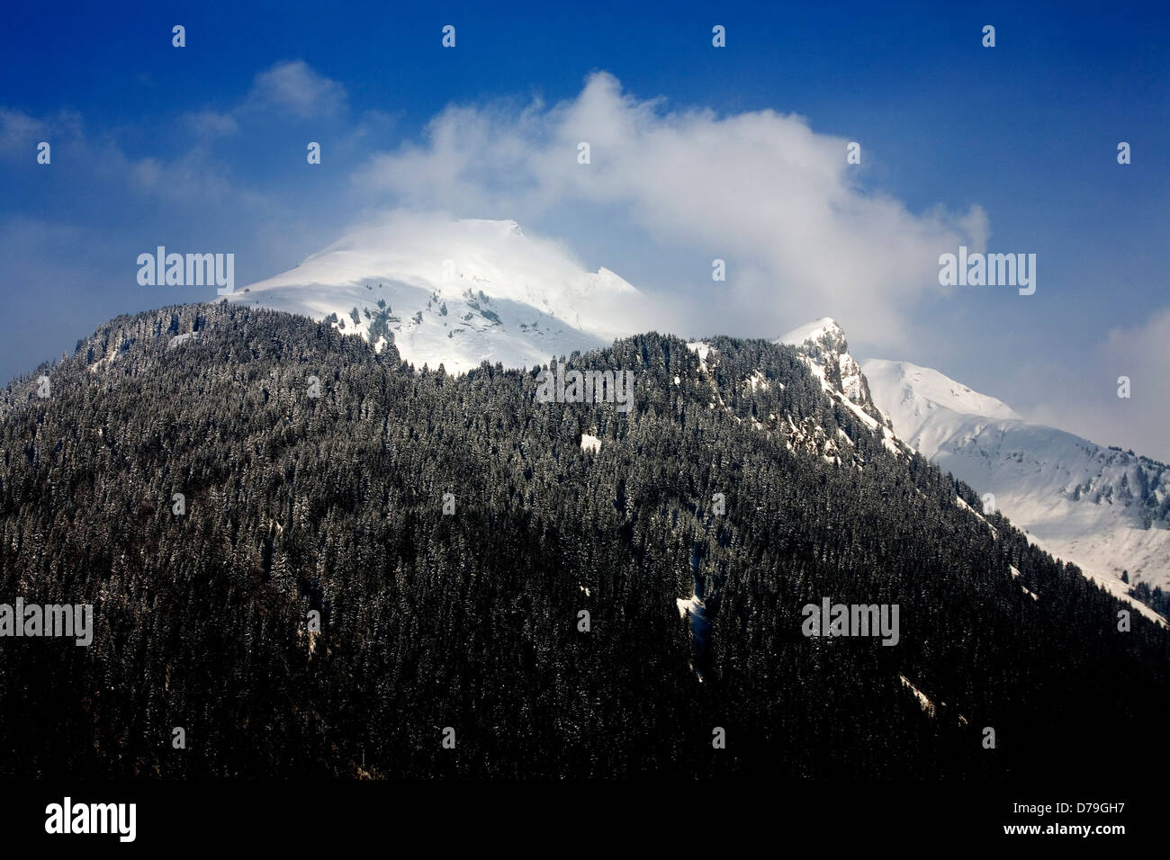 Cloud passing acorss mountain tops above wooded slopes above Morzine Portes du Soleil Haute Savoie France Stock Photo