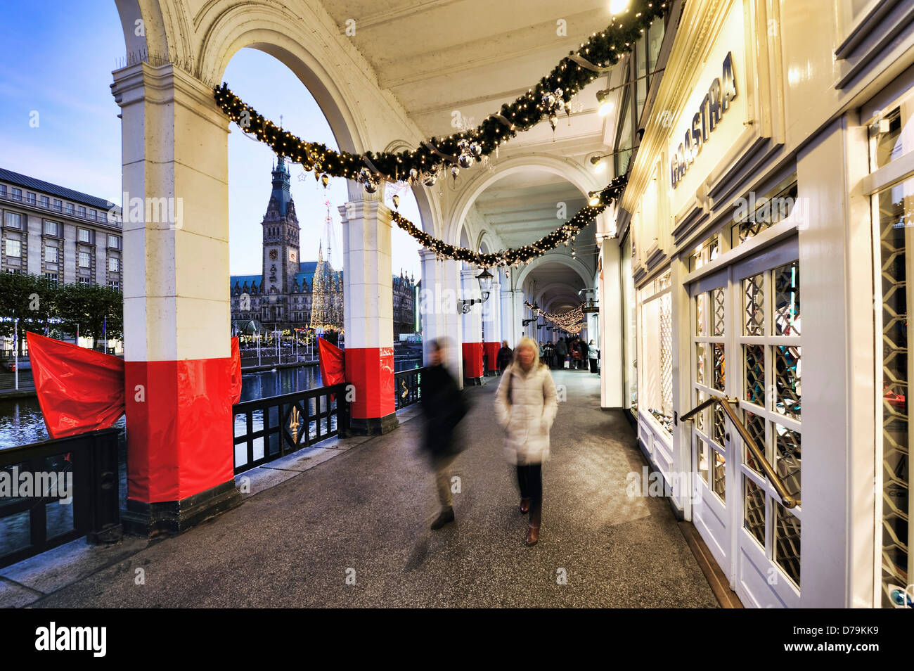 City hall with Christmas fair and Alster arcades during the Christmas period in Hamburg, Germany, Europe Stock Photo