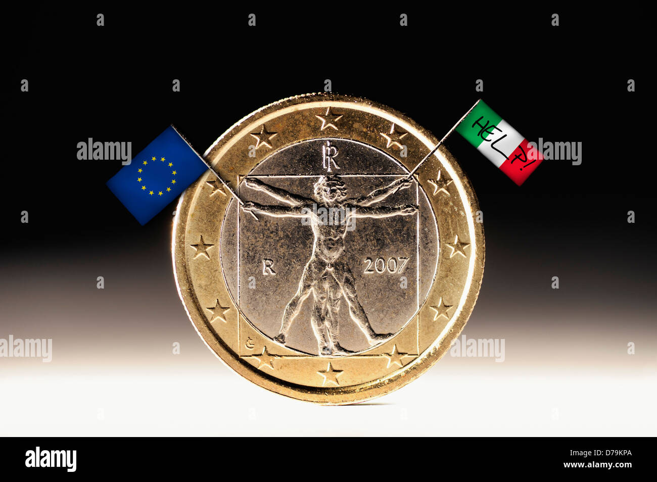 Italian euro-coin one with EU and Italy flag, debt crisis , Italienische Ein-Euro-Münze mit EU- und Italienfahne, Schuldenkrise Stock Photo