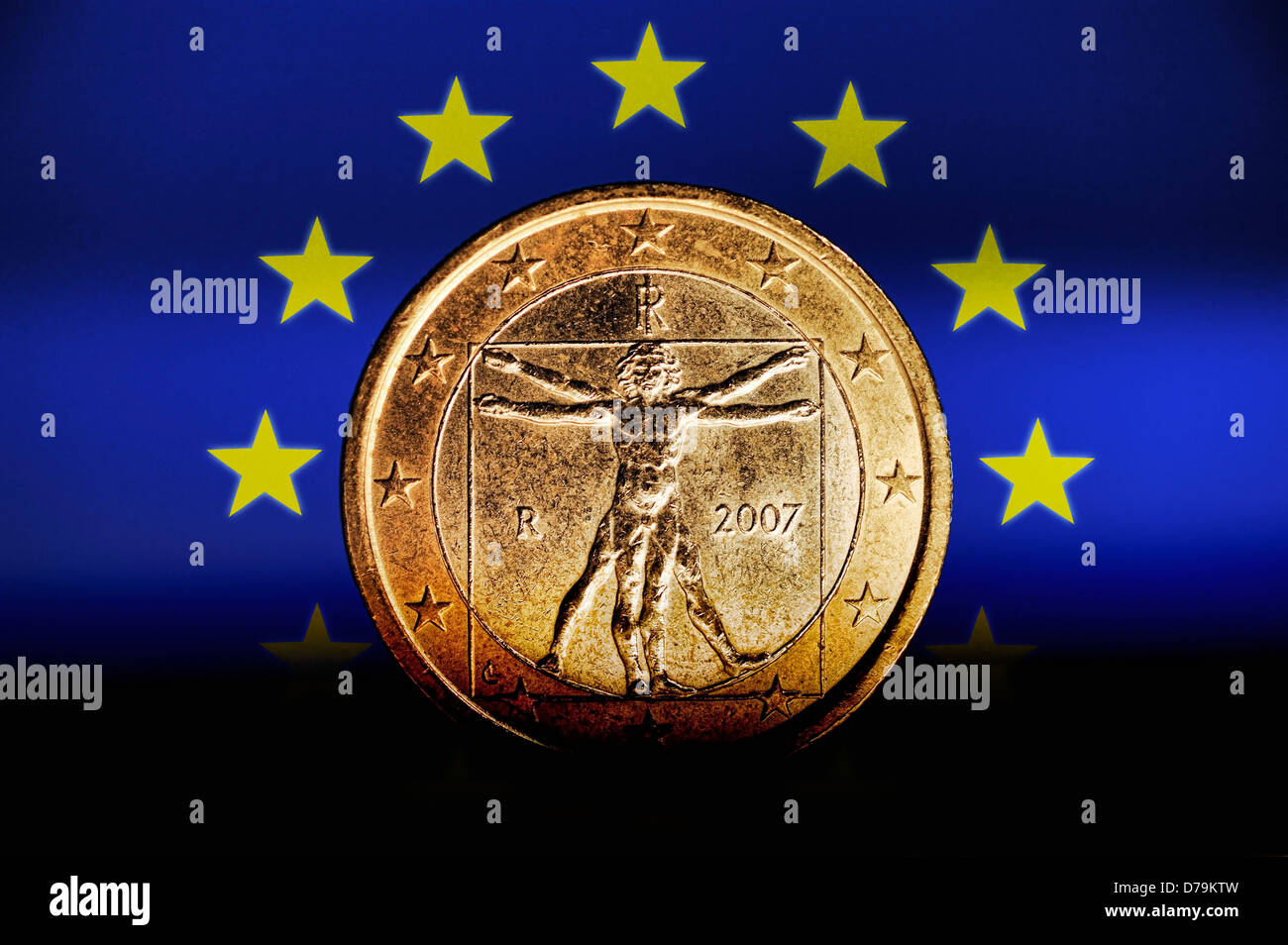 Italian euro-coin one, debt crisis , Italienische Ein-Euro-Münze, Schuldenkrise Stock Photo