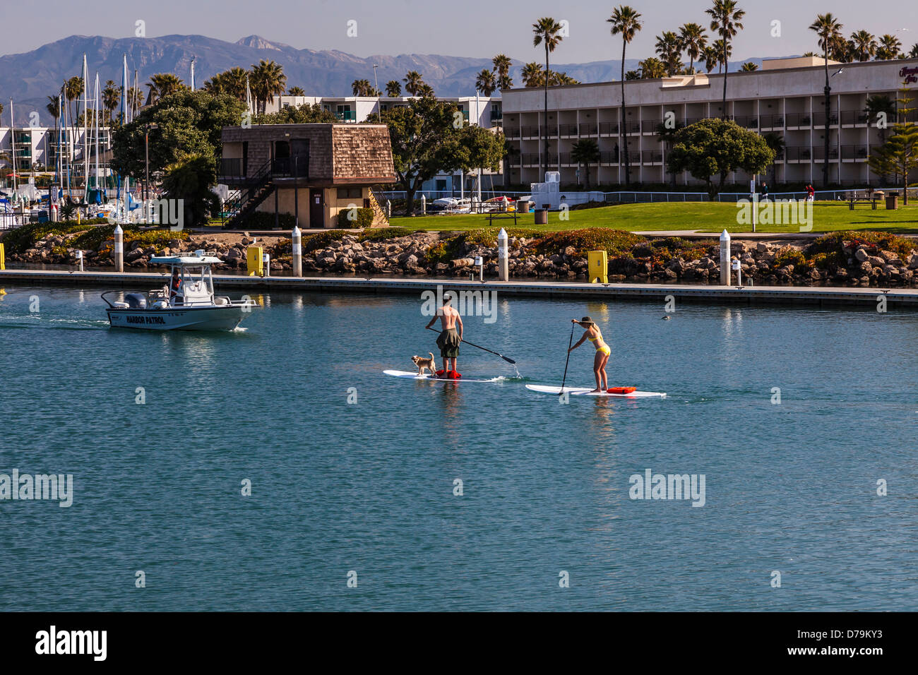 A couple doing stand up paddle boarding in Channel Islands Harbor, Oxnard, California, USA Stock Photo