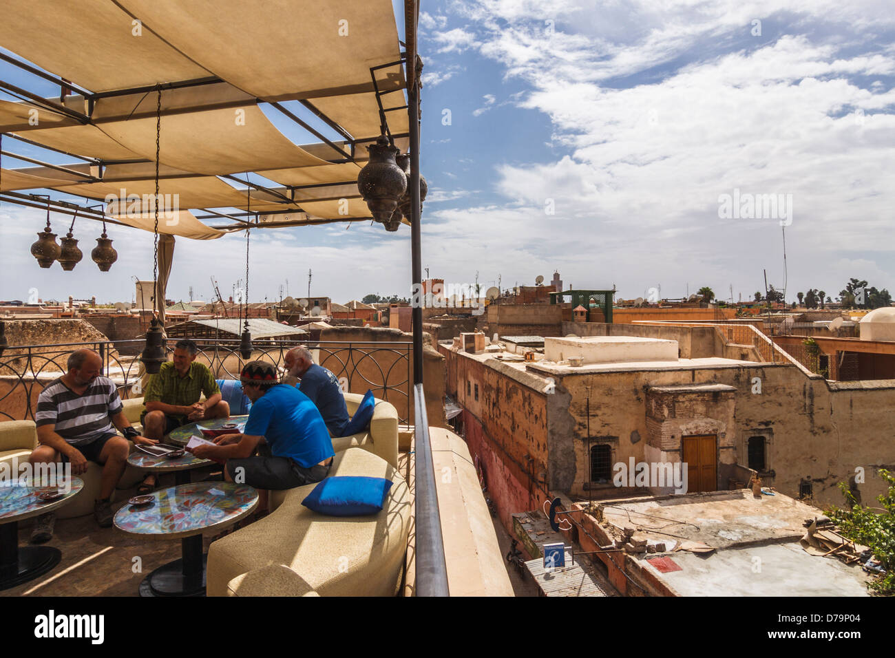 Western tourists at Cafe Arabe, Marrakesh, Morocco Stock Photo