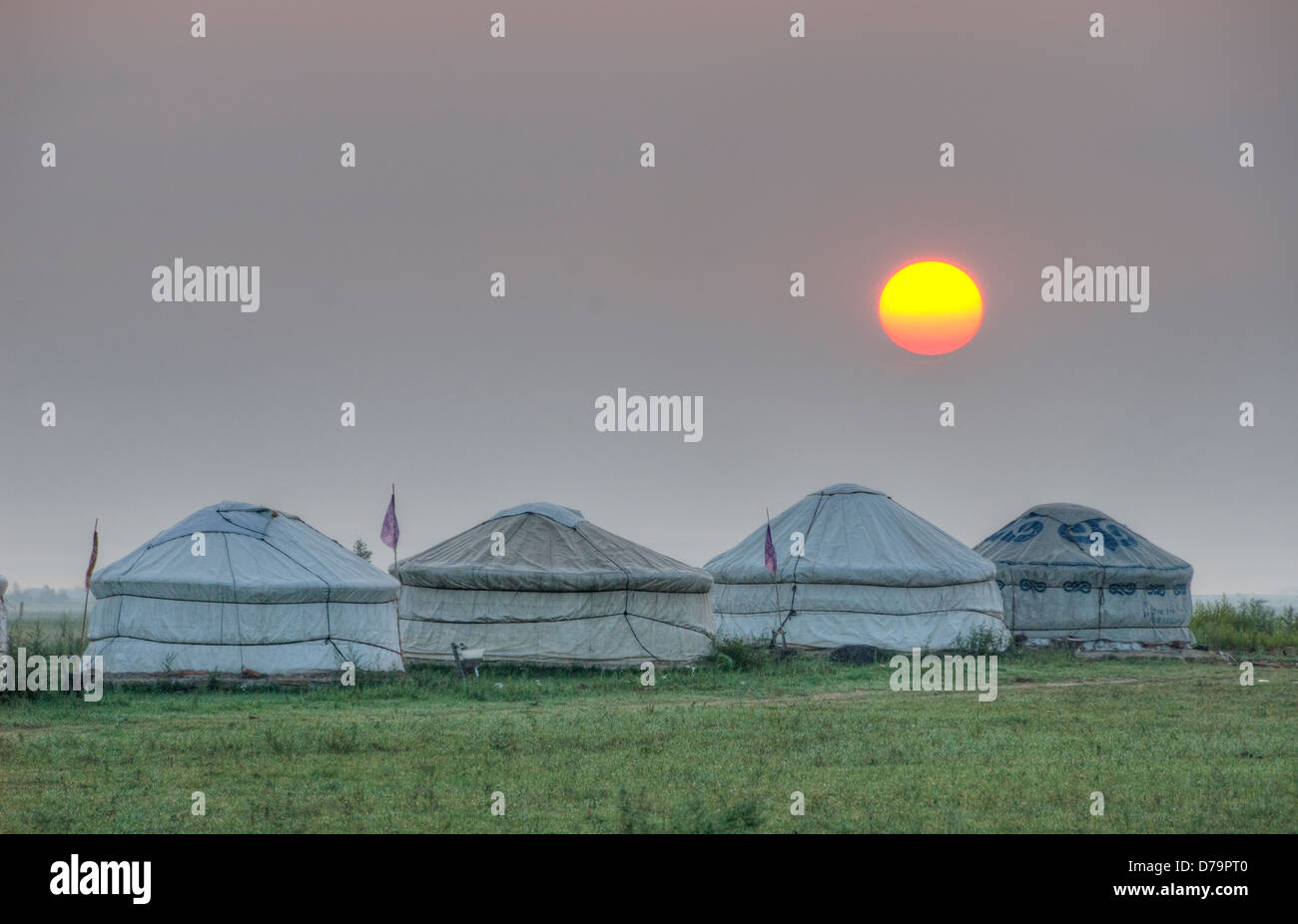 Gers (yurts) at sunrise near Xanadu, Inner Mongolia, China Stock Photo