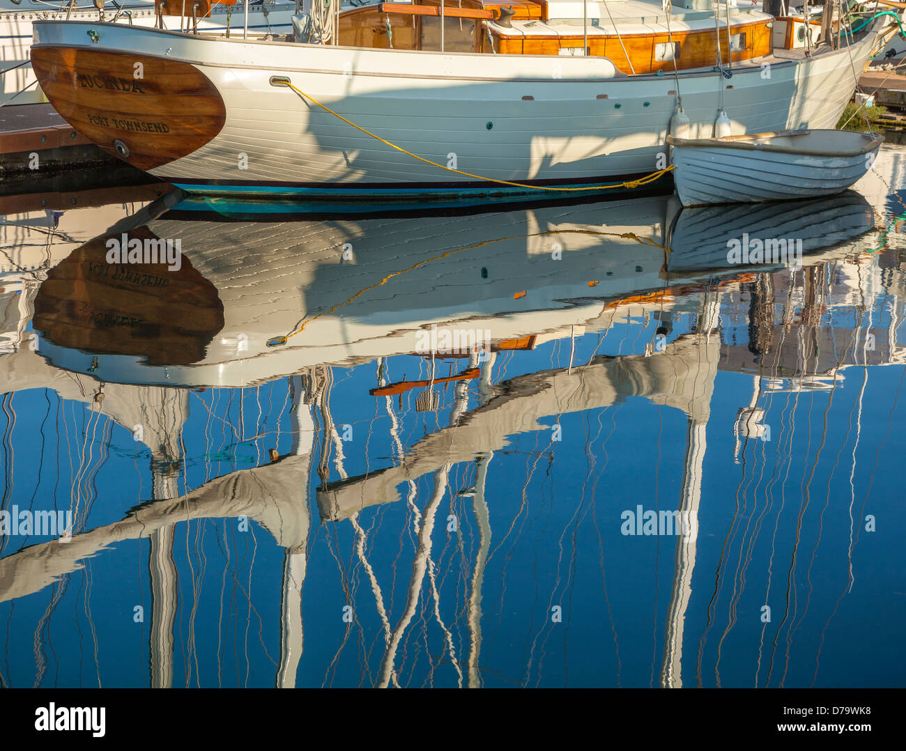 Port Townsend, Washington: Boats and reflections at the Port Townsend Marina on Puget Sound Stock Photo