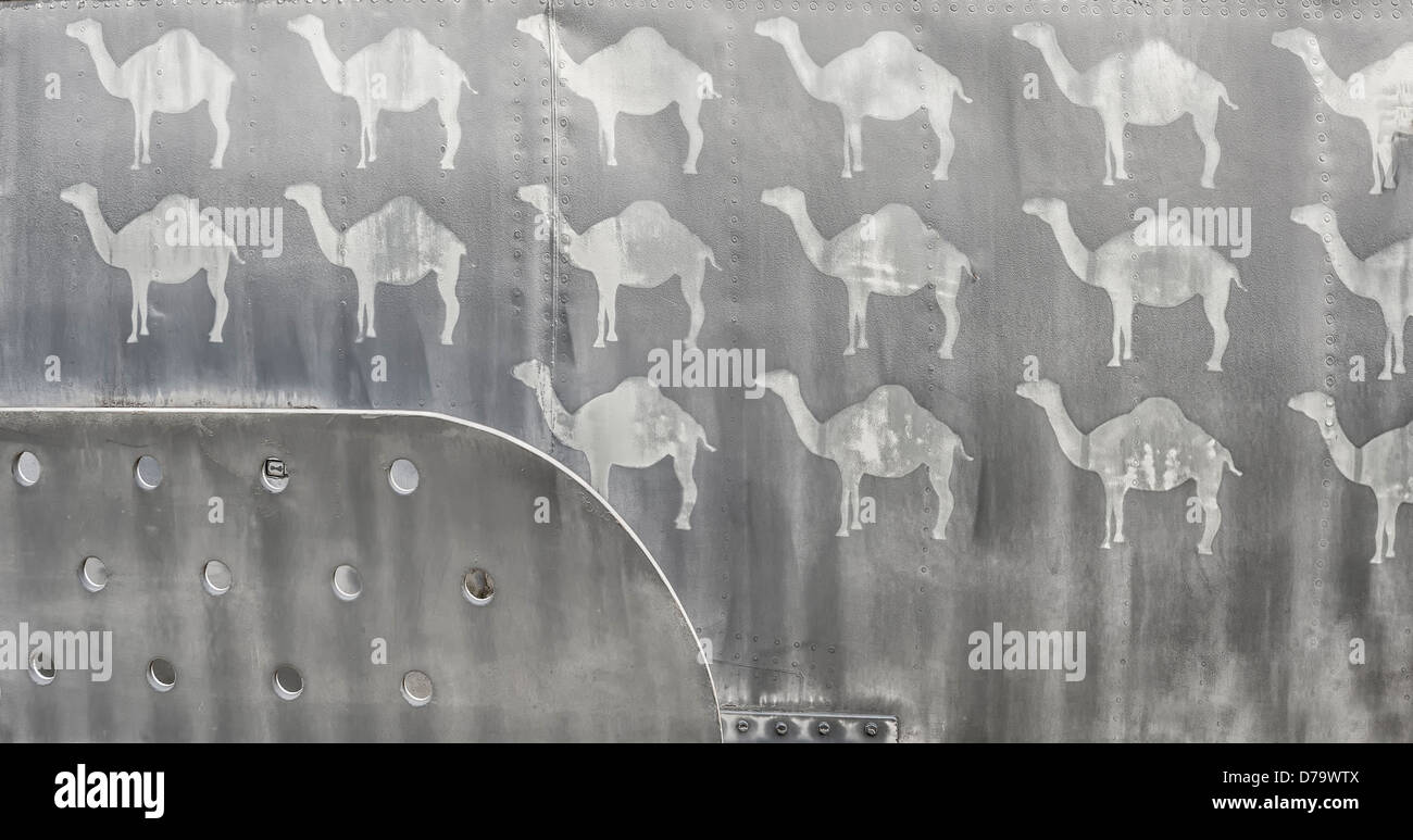 Camels on the side of a military aircraft fuselage from the Gulf War. Stock Photo