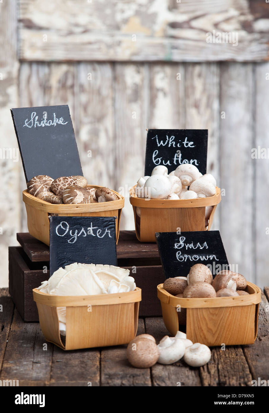 Punnets of Shitake, Swiss brown, Oyster and white button mushrooms on a rustic wooden tabletop. Stock Photo