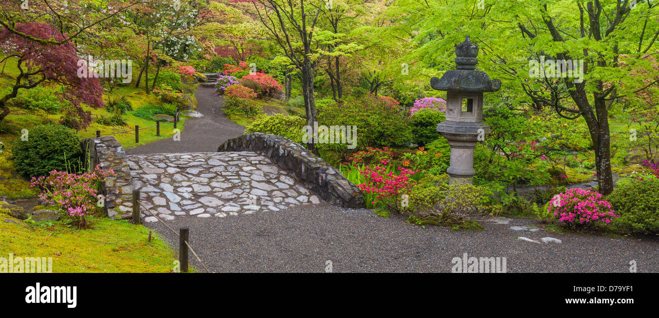 Seattle Wa Stone Bridge And Lantern With Spring Colors In The