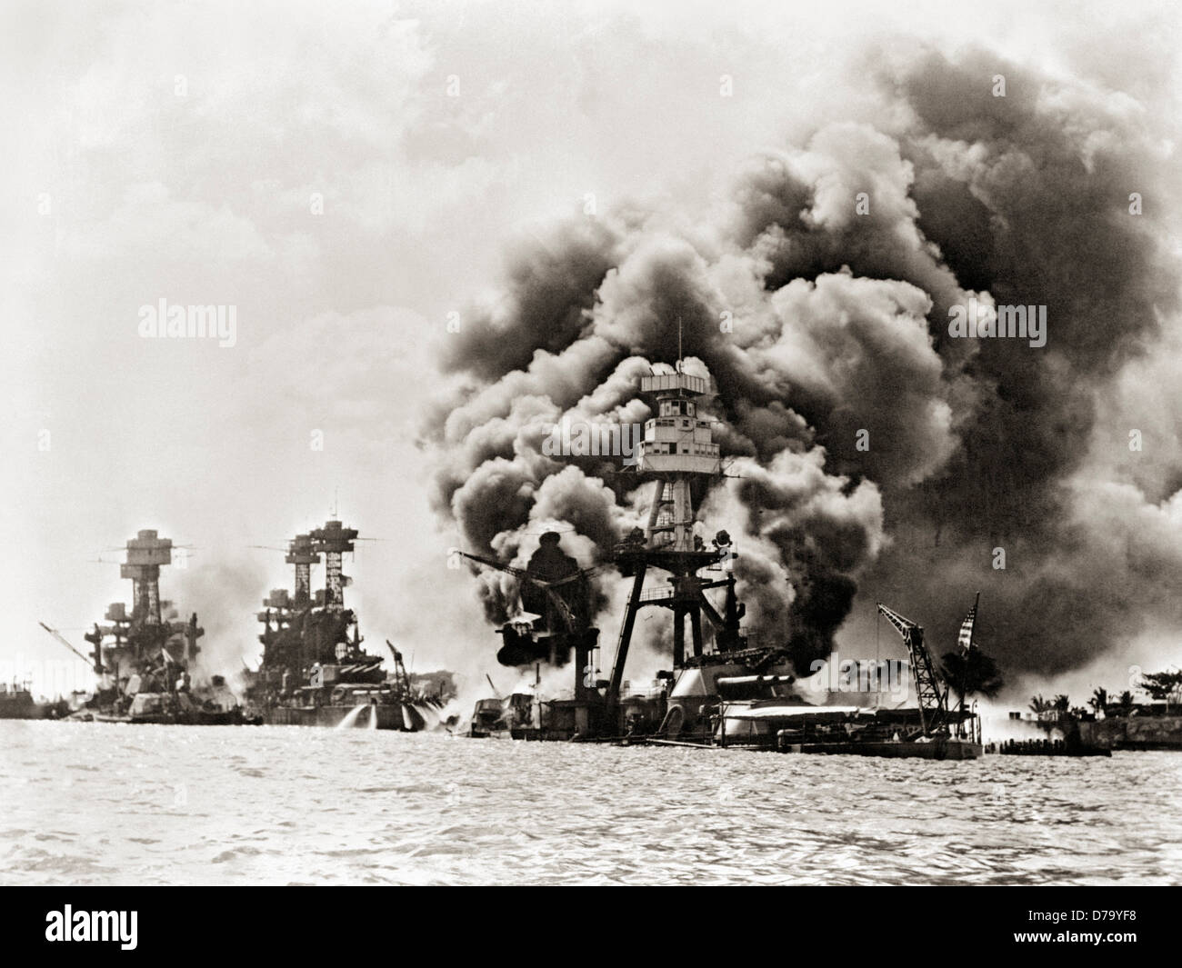 Ships Burning Sinking After Attack on Pearl Harbor Stock Photo