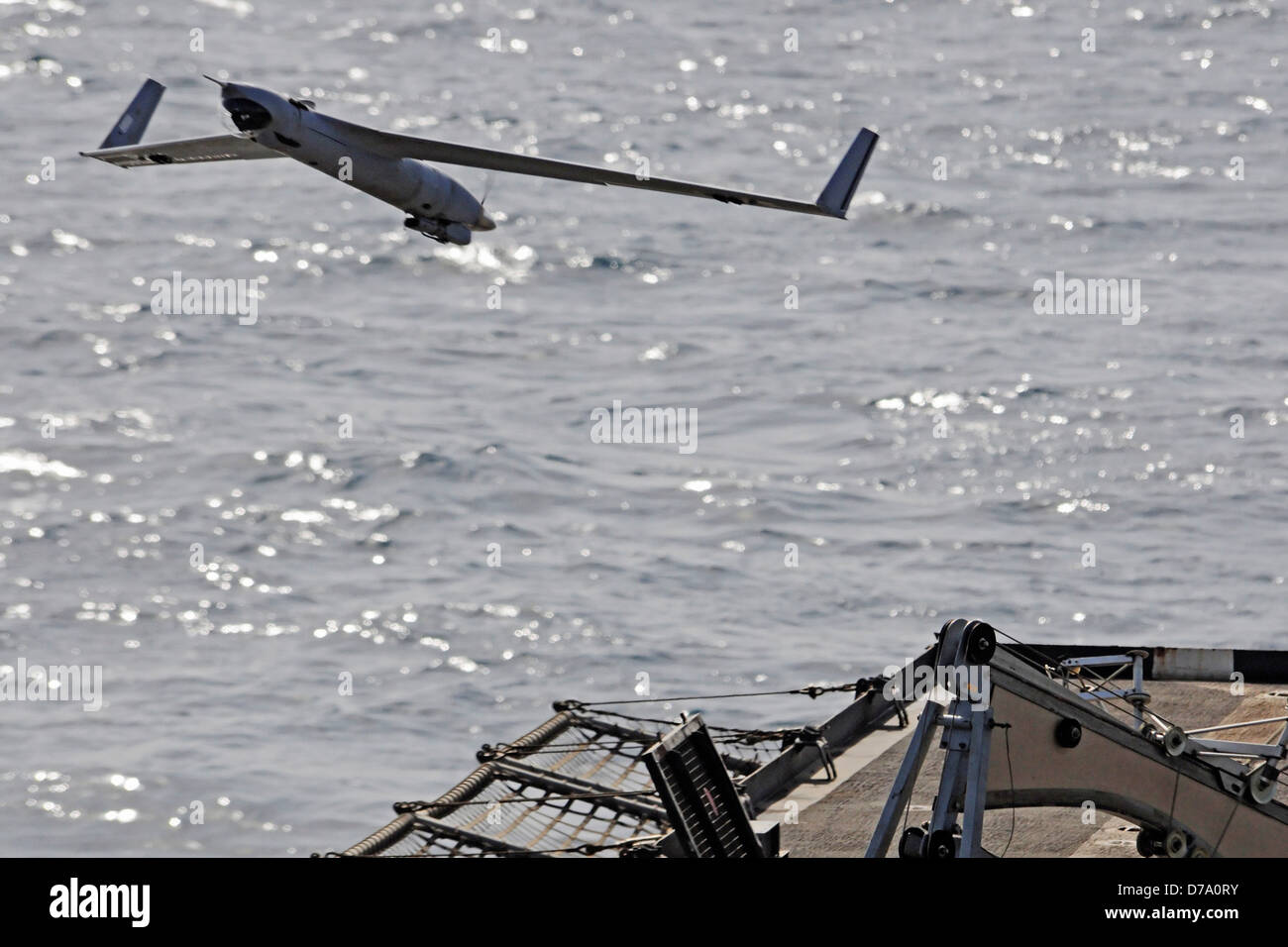 Scan Eagle Unmanned Aerial Vehicle Launches USS Comstock Stock Photo