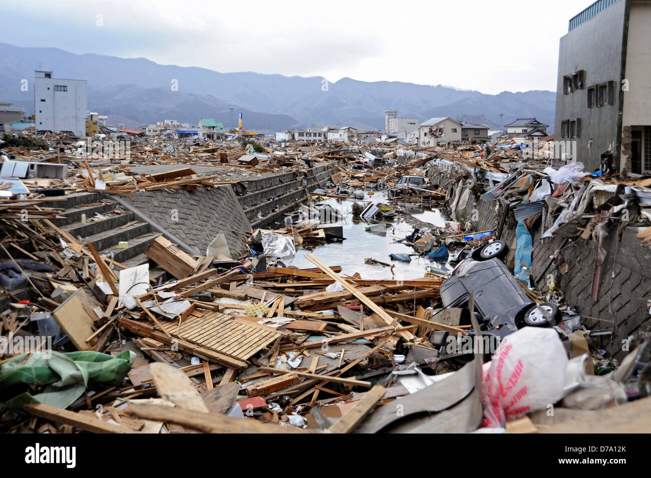 Vehicles Debris Choke Canal Stock Photo