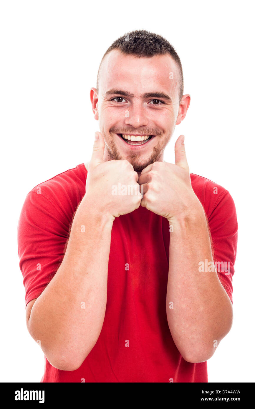 Young happy man showing thumbs up, isolated on white background Stock Photo