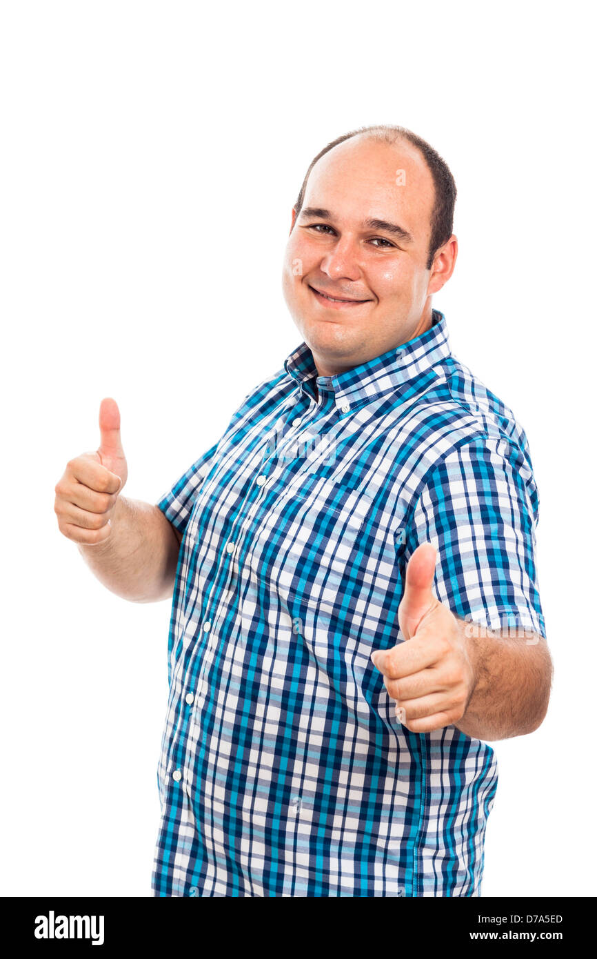 Smiling man gesturing thumbs up, isolated on white background Stock Photo
